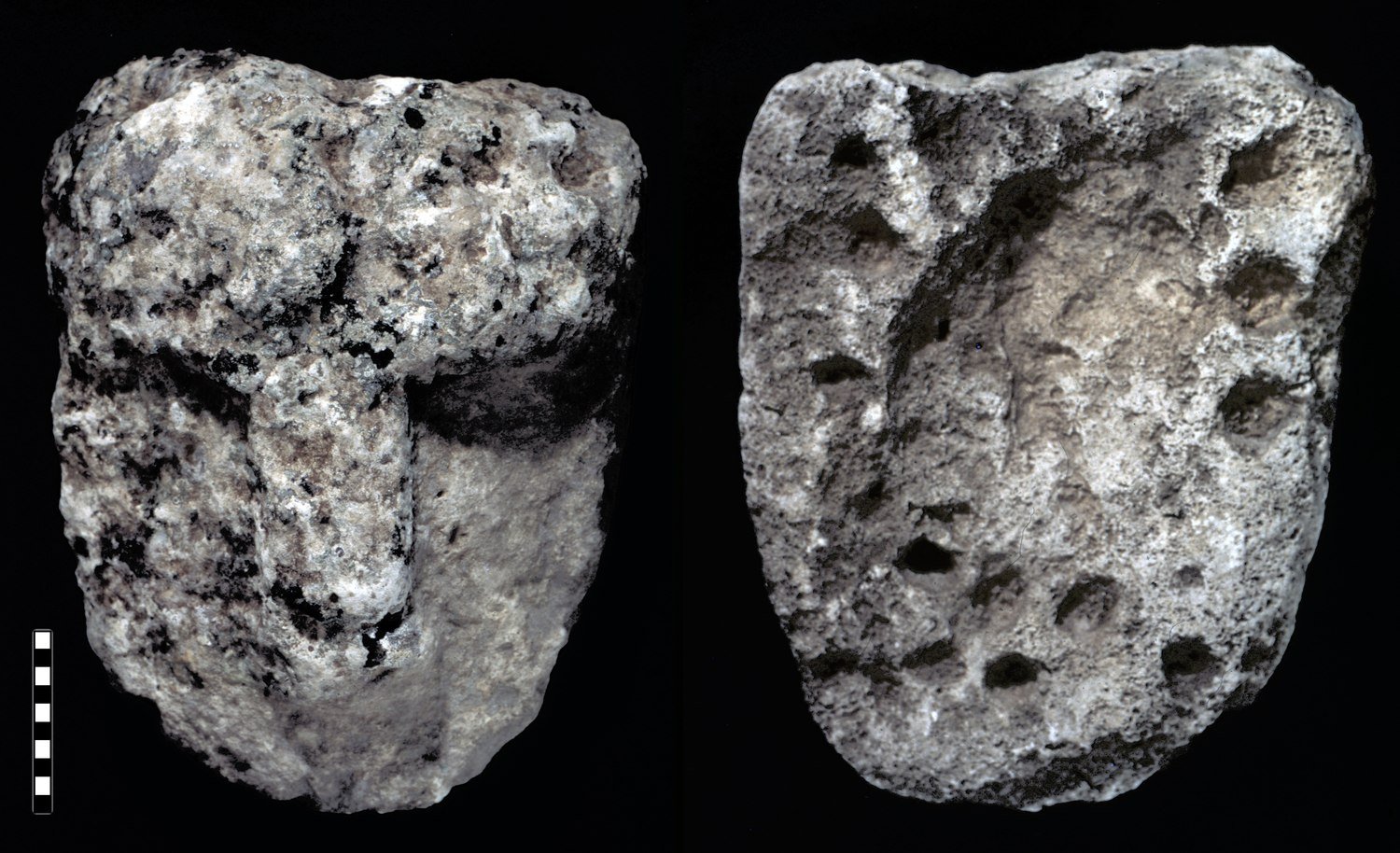 The larger-than-life limestone mask from Göbekli Tepe, front and back views