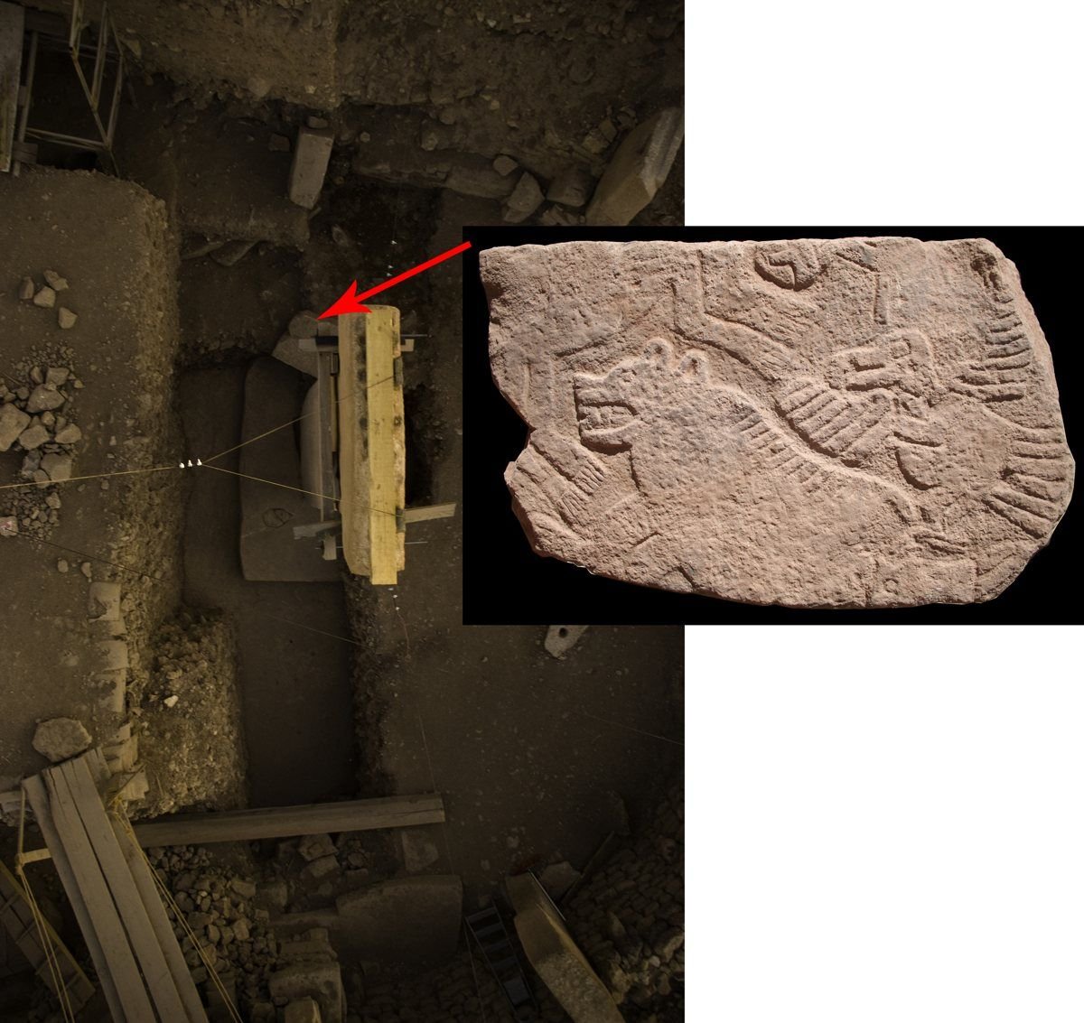 The 'gift-bearer' slab, found in Enclosure D (its find-spot arrowed, the relief shown at right). A headless human figure appears to hold out a human head in one hand — the clearest sign that, in this world, the severed head was something to be carried, given and displayed.