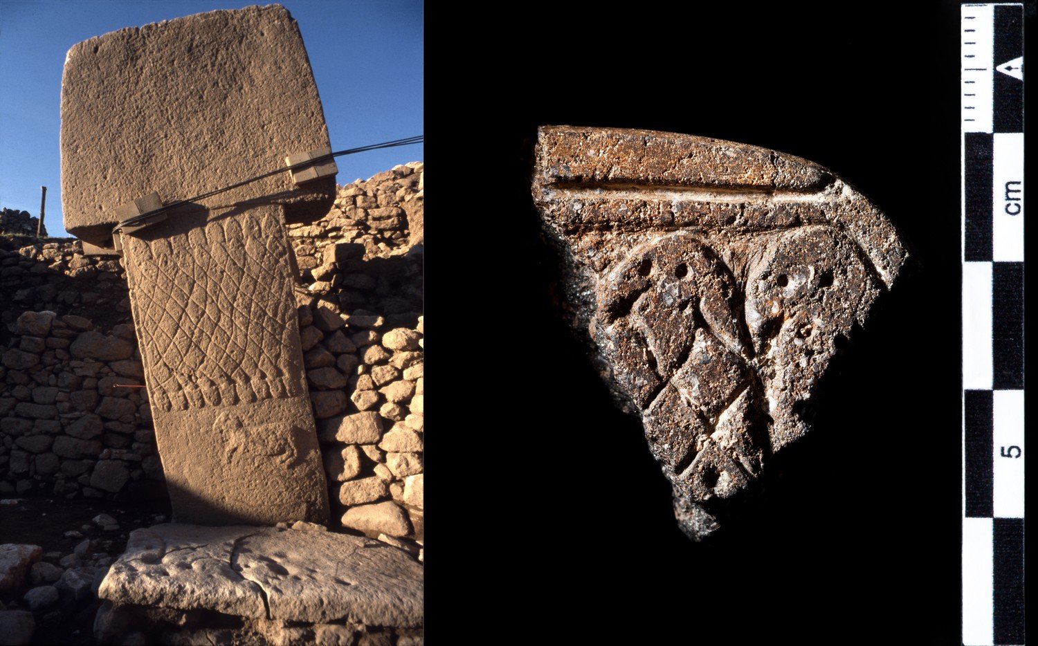 A carved stone plaquette with two snake heads above a net of interwoven bodies, shown beside Pillar 1