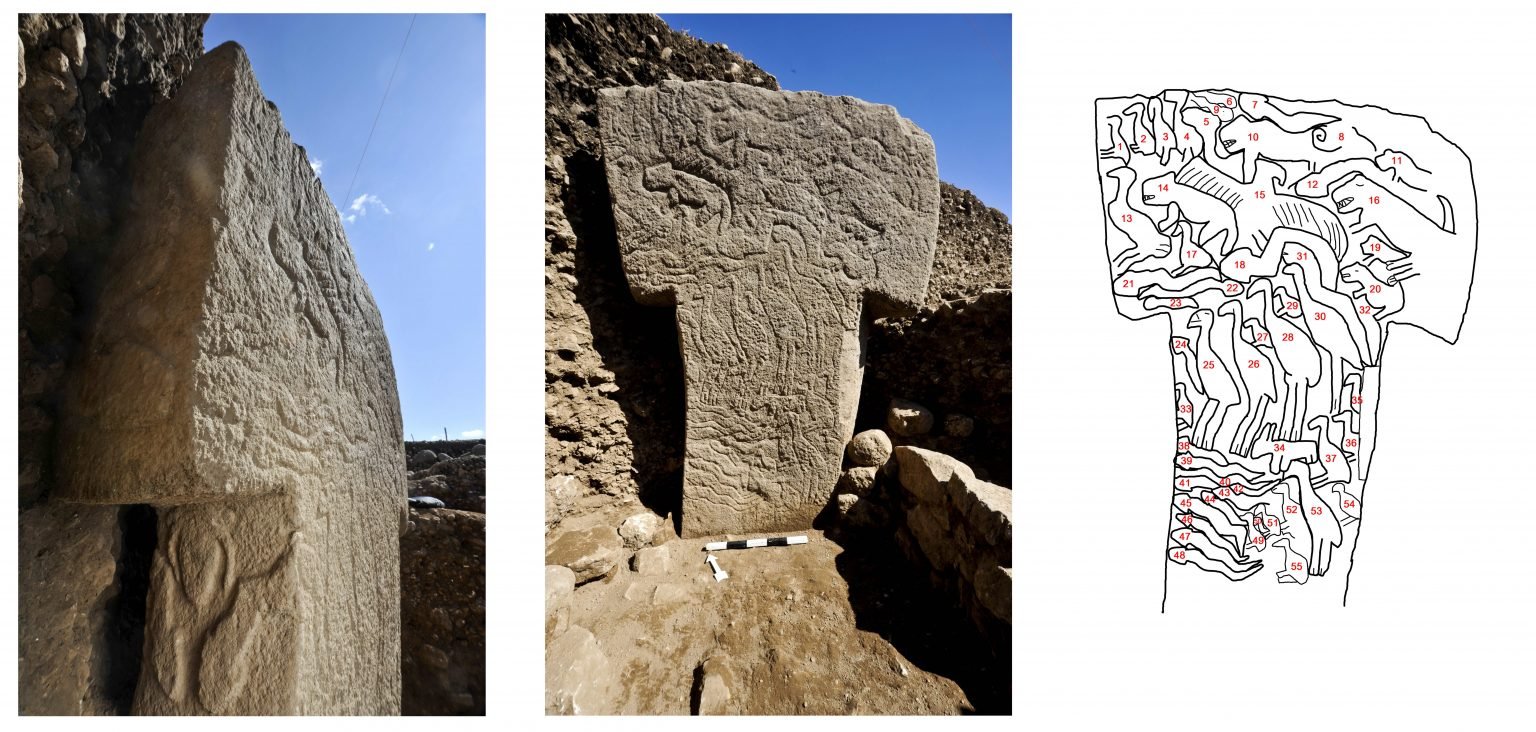 Pillar 56 in Enclosure H at Göbekli Tepe, one of the site's most densely carved pillars.