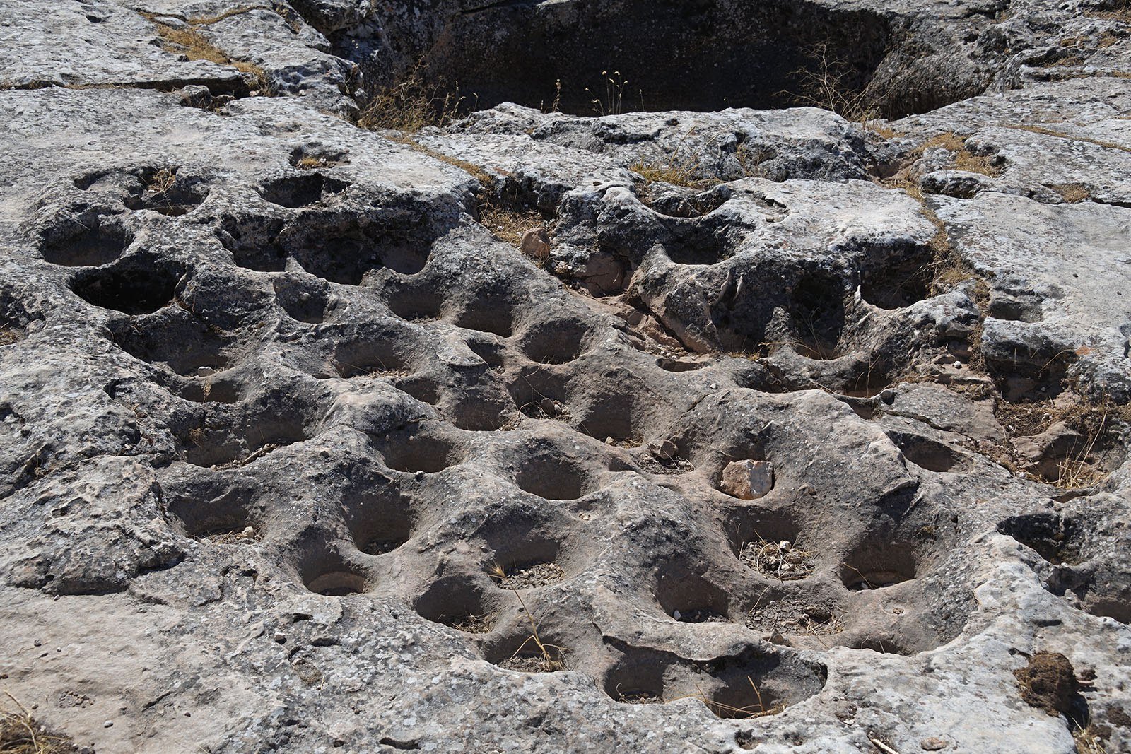 Flat limestone bedrock covered with rows of cup-like circular hollows beside a larger cut hollow, where blocks were being loosened