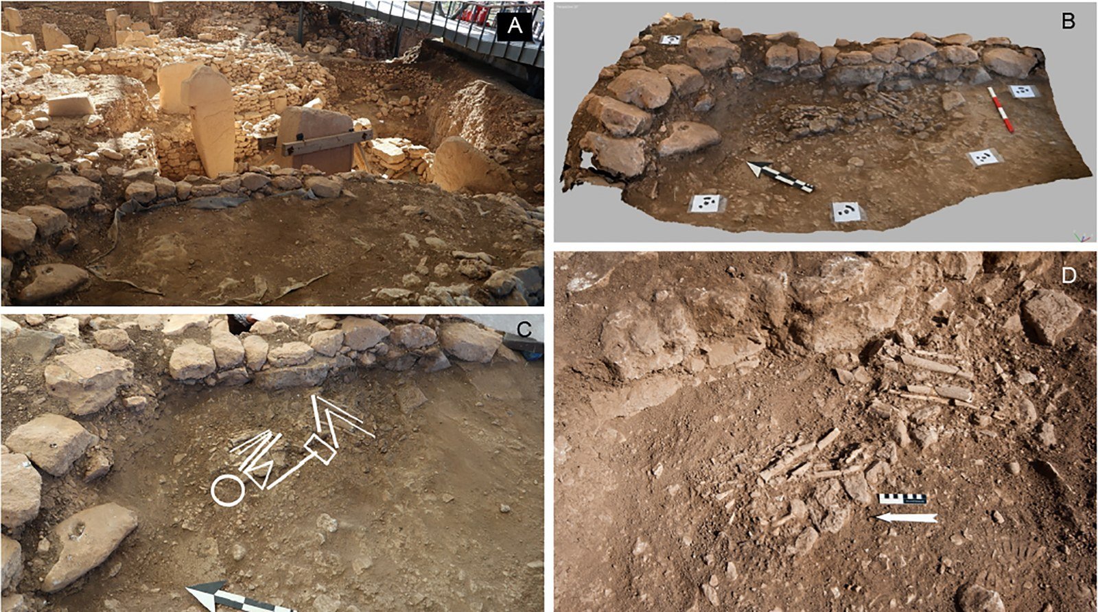 The excavation context of the L09-65 burial, with the young woman's remains still lying beneath a house floor (lower right). Figure: Gresky & Clare 2026, PLoS One (CC BY 4.0); excavation photographs DAI, Göbeklitepe Research Project.