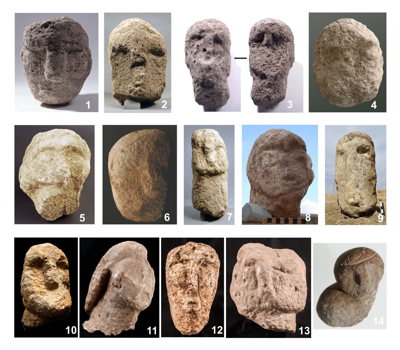 Plate of fourteen limestone human heads broken from statues at Göbekli Tepe