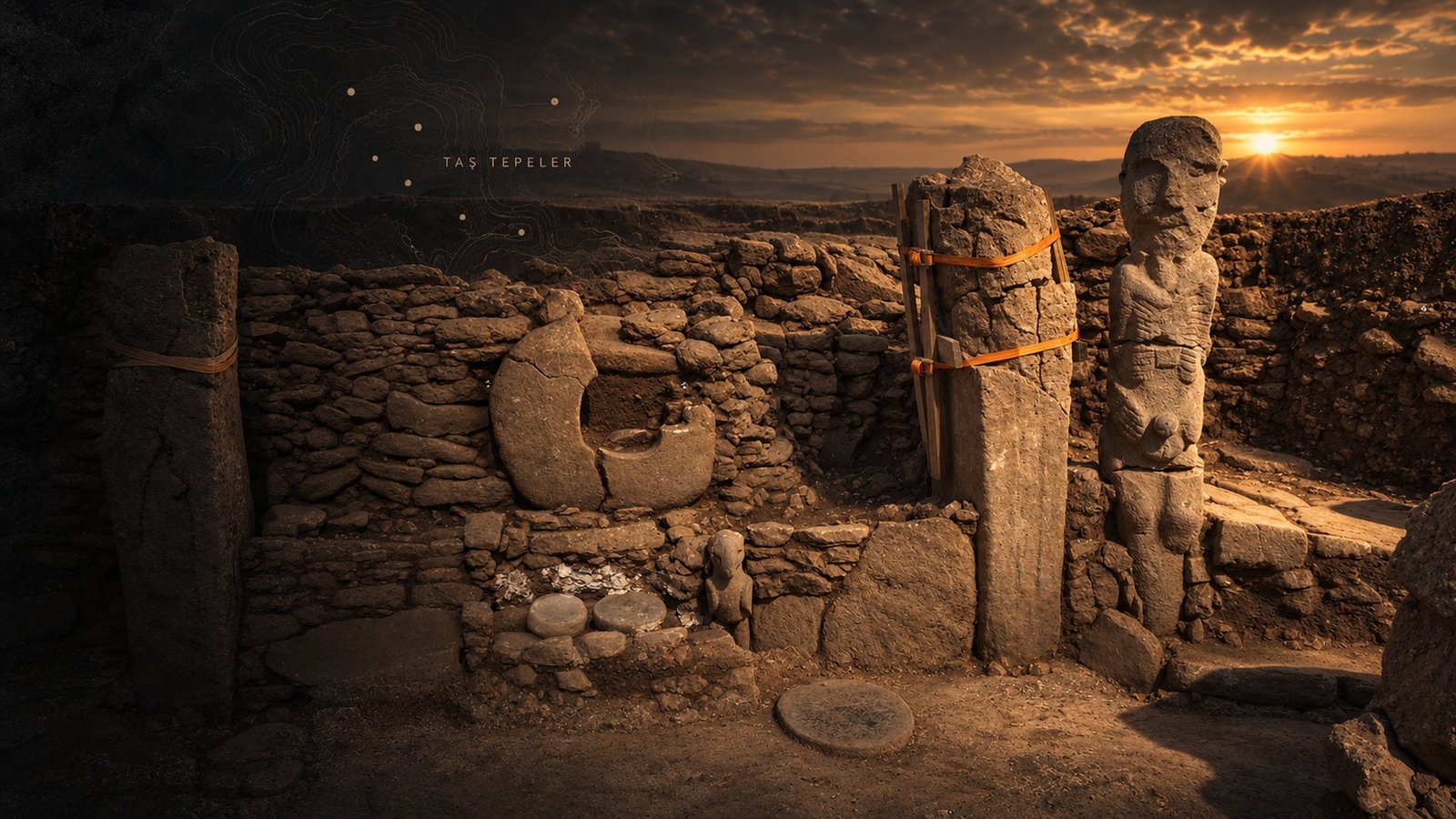 Göbekli Tepe under its protective shelter at golden hour