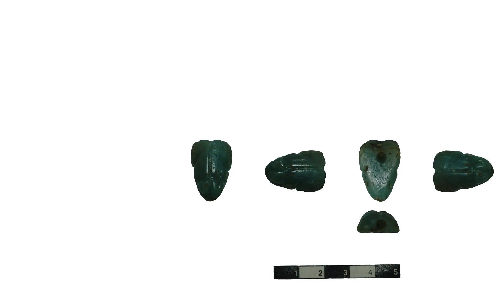 Five views of a small green stone bead carved as an animal (toad) head, with a centimetre scale bar